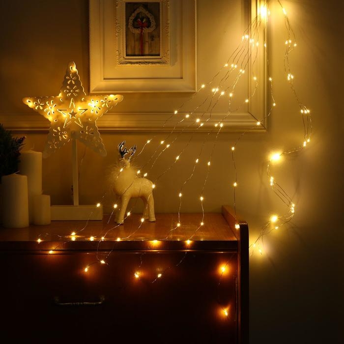 Гирлянда &laquo;Конский хвост&raquo; 10 нитей по 1 м, IP20, серебристая нить, 100 LED, 2 режима, батарейки AAх3 (нет в комплекте), свечение тёплое белое