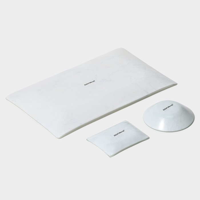 Набор для суши из стекла Доляна &laquo;Марбл белый&raquo;, 3 предмета: соусники 8&times;2 см, 8&times;6 см, подставка 25&times;15&times;2 см