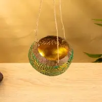 Подсвечник подвесной из кокоса, 9-12 см, зелёно-золотой