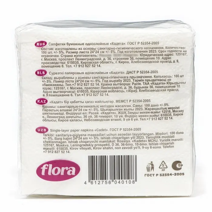 Салфетки бумажные, 24х24 см, 100 шт, белые