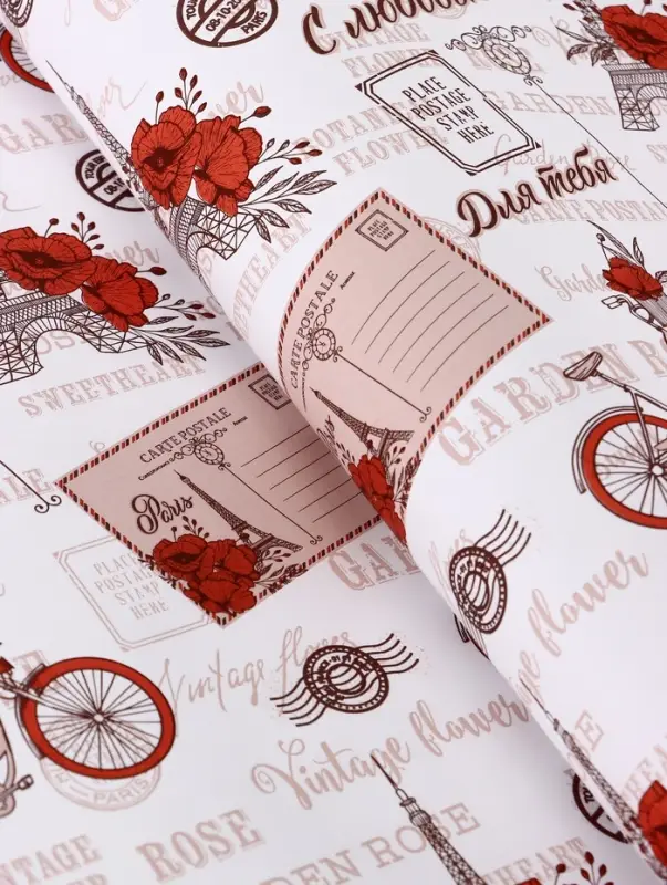 Бумага упаковочная крафт белый "Париж, с Любовью!", красный, 0.72&times;10&plusmn;5% м, 60 г