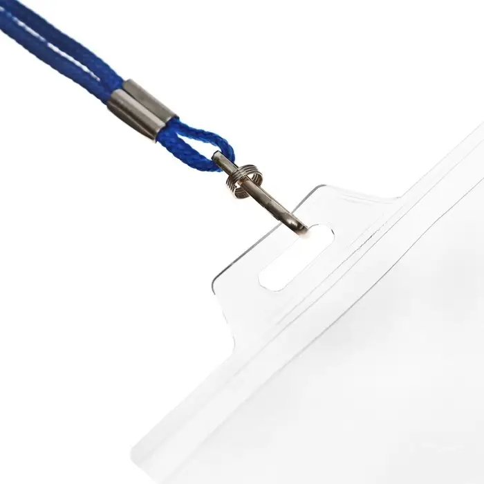 Бейдж горизонтальный, внешний размер 94&times;80 мм, внутренний размер 87&times;54 мм, на синем шнурке 40 см
