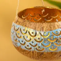 Подсвечник подвесной из кокоса, 9-12 см, золотисто-голубой