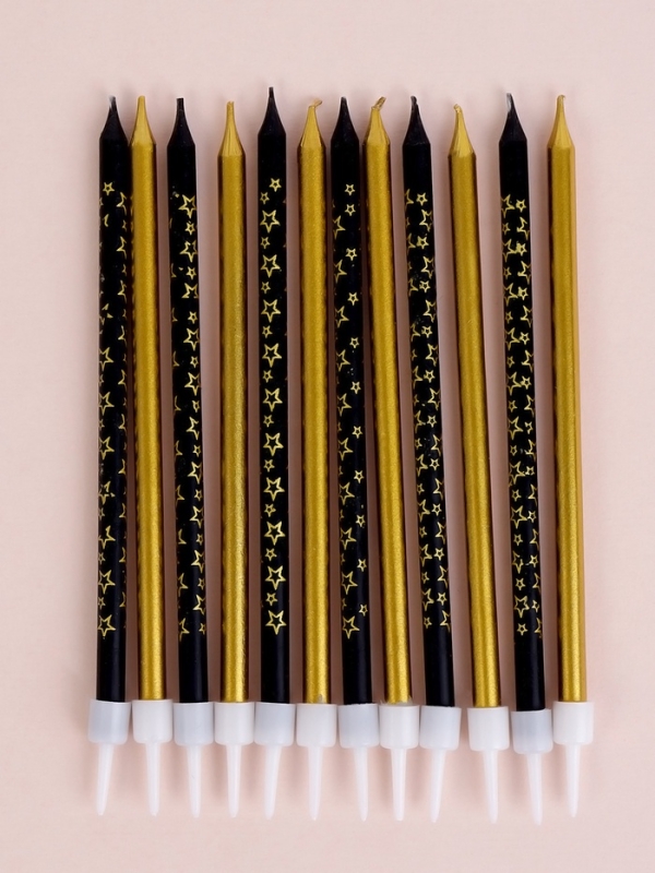 Набор свечей для торта "Звёздочки", 12 шт, золотой и черный