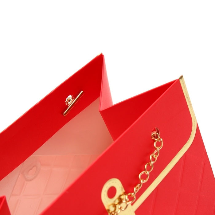 Пакет для цветов, ручка цепь, Пакет для цветов, ручка цепь, "Красный", с золотым тиснением, 15 х 10,5 х 10 см