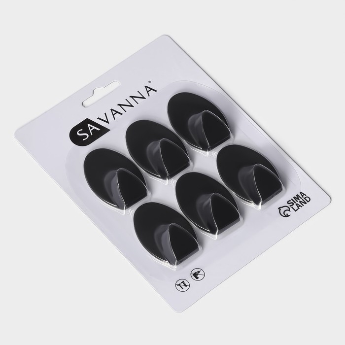 Крючки самоклеющиеся SAVANNA Black Loft, 6 шт, металл, 1,9&times;5,3&times;3,5 см, цвет чёрный