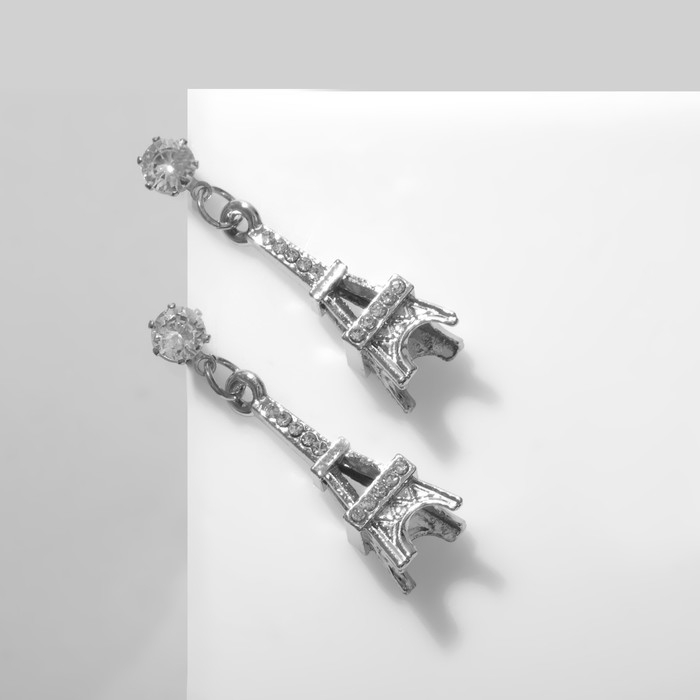 Серьги со стразами &laquo;Башня&raquo; Эйфелева, цвет белый в серебре