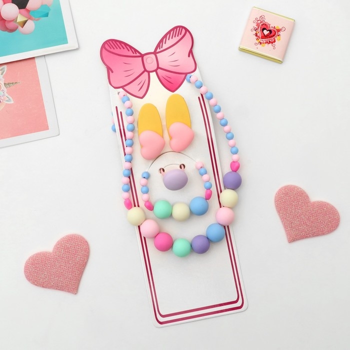 Комплект детский &laquo;Выбражулька&raquo; 5 предметов: 2 заколки, бусы, браслет, кольцо, сердце, цветной