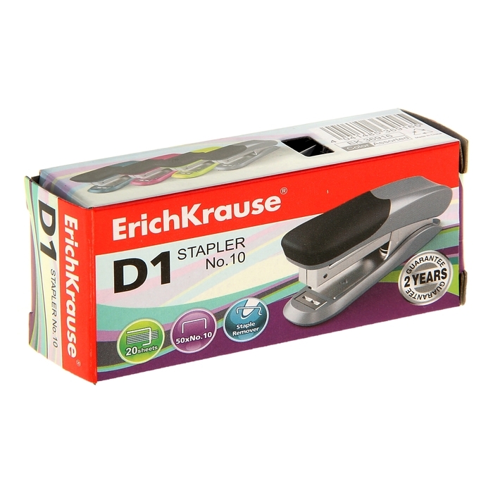 Степлер ErichKrause D1 № 10, до 20 листов, встроенный антистеплер, микс