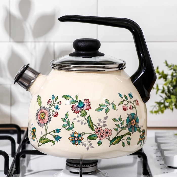 Чайник со свистком &laquo;Луговые цветы&raquo;, 3 л, фиксированная ручка, цвет бежевый, индукция