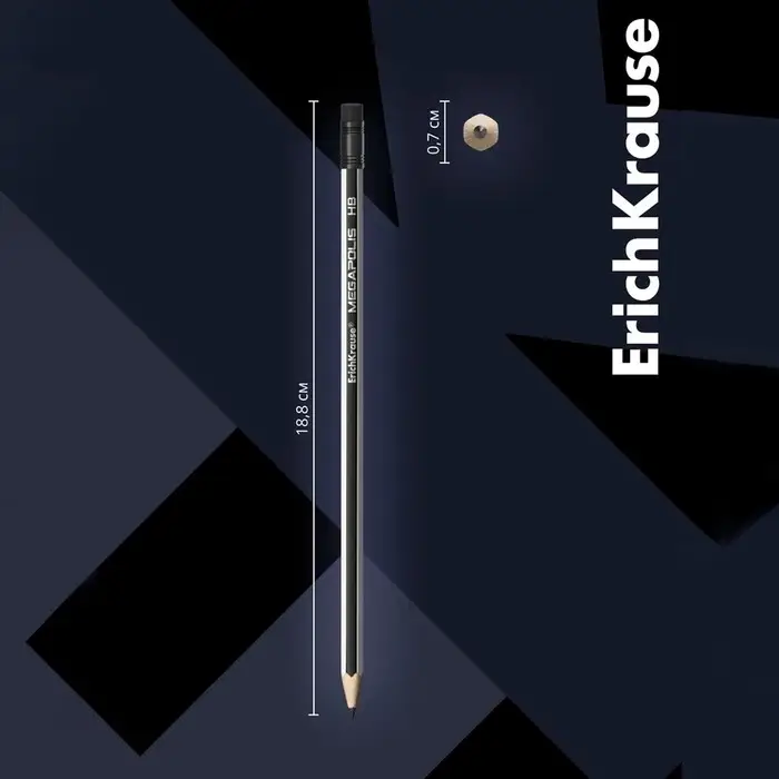 Карандаш чернографитный с ластиком Erich Krause "Megapolis", HB, грифель d=2.2 мм, дерево, шестигранный в тубусе, чёрный корпус