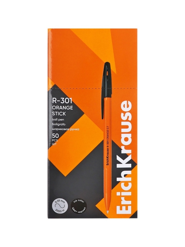 Ручка шариковая ErichKrause R-301 Orange Stick, узел 0.7 мм, чернила чёрные, длина линии письма 2000 метров, штрихкод на ручке