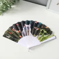 Веер пластик, текстиль "Кошечки и цветы" МИКС широкие лопасти 23 см