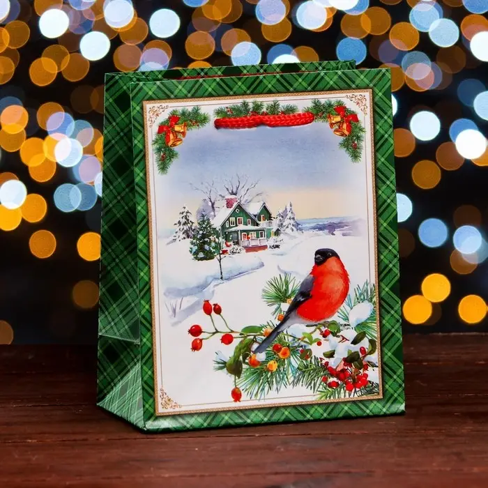 Пакет подарочный "Снегирь на ветке", 11,5 х 14,5 х 6,5 см.