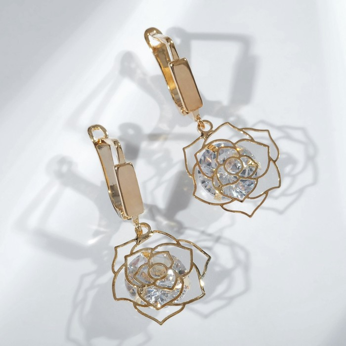 Серьги со стразами &laquo;Циркония&raquo; роза, цвет белый в золоте
