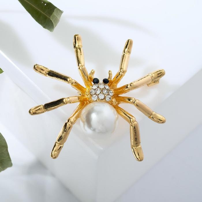 Брошь &laquo;Паук&raquo; жемчужинка, цвет белый в золоте