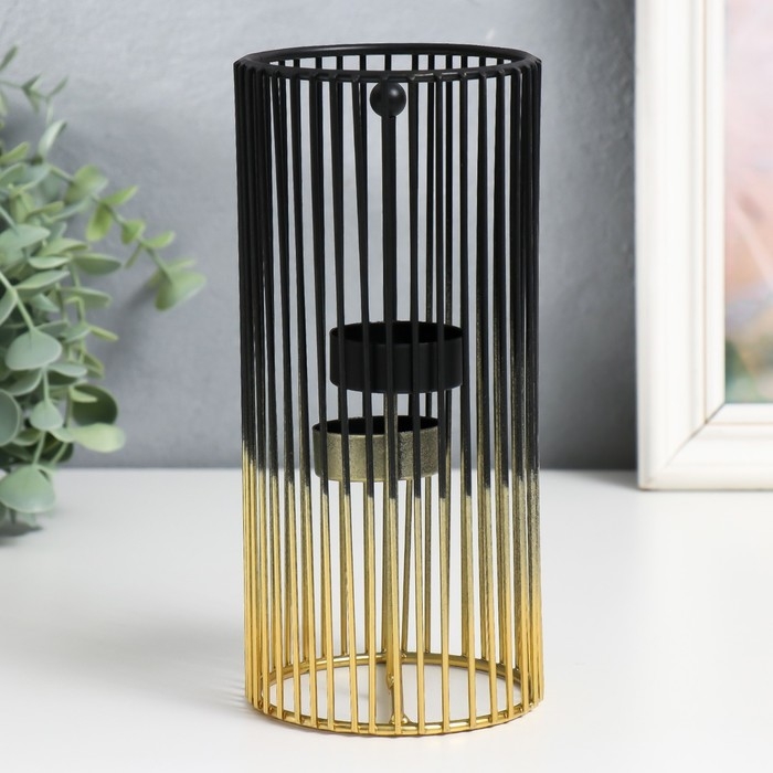 Подсвечник металл на 2 свечи "Круглая клетка" золотисто-чёрный 9,5х9,5х20 см