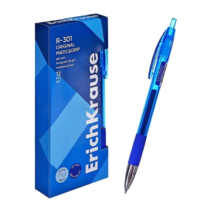 Ручка гелевая автоматическая ErichKrause R-301 Original Gel Matic & Grip, узел 0.5 мм, чернила синие, резиновый держатель, длина линии письма 500 метров