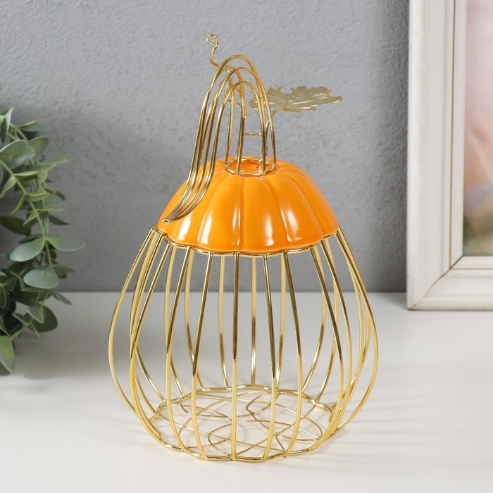 Сувенир вазон металл, керамика "Тыква с листочком" оранжевая с золотом 14,3х14,3х21 см