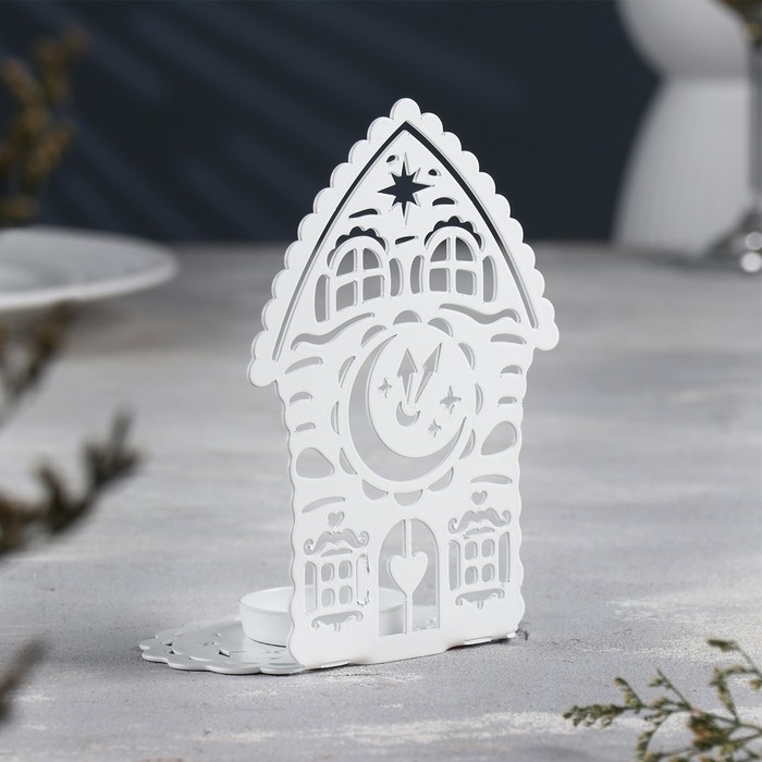 Новый год Подсвечник "Домик с часами" металл на одну свечу, 6,7х10х13,5 см, белый
