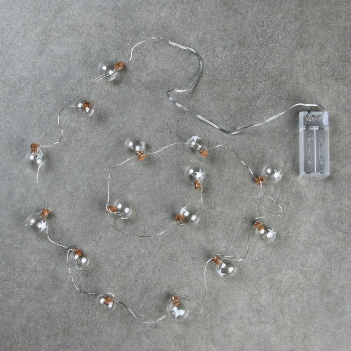 Гирлянда &laquo;Нить&raquo; 1.6 м с насадками &laquo;Шарики со звездой&raquo;, IP20, серебристая нить, 15 LED, батарейки ААх2 (нет в комплекте), свечение белое