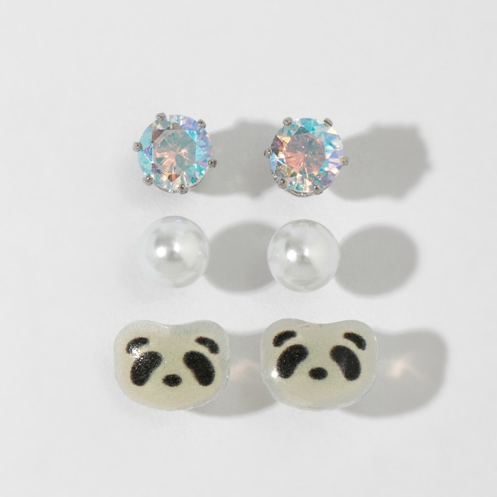 Пусеты 3 пары &laquo;Летние истории&raquo; панда, цвет чёрно-белый в серебре