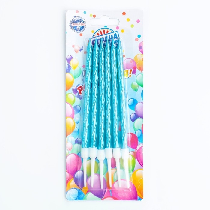 Свечи в торт витые с подставкой, 6 шт, 11 см, небесно-голубой