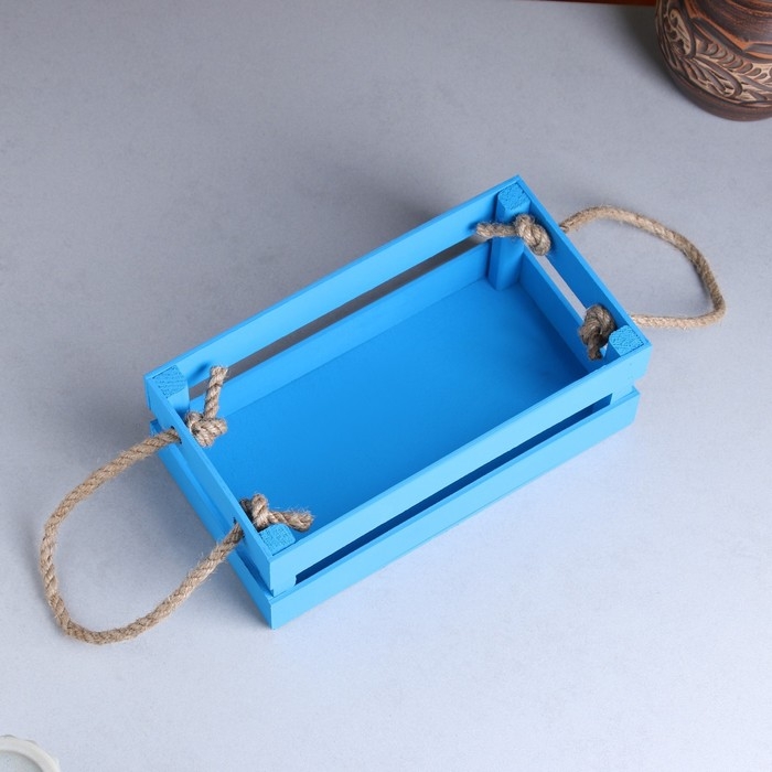 Кашпо деревянное 24.5&times;13.5&times;9 см "Двушка Лайт" реечное, ручка верёвка, голубой Дарим Красиво