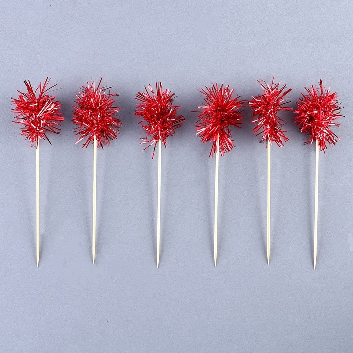 Шпажка для канапе &laquo;Пушистик&raquo;, в наборе 6 штук, цвет красный
