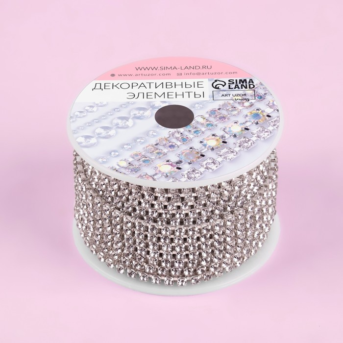 Цепь со стразами, металл, стекло, 2,5 мм, 9 &plusmn; 1 м, цвет серебряный