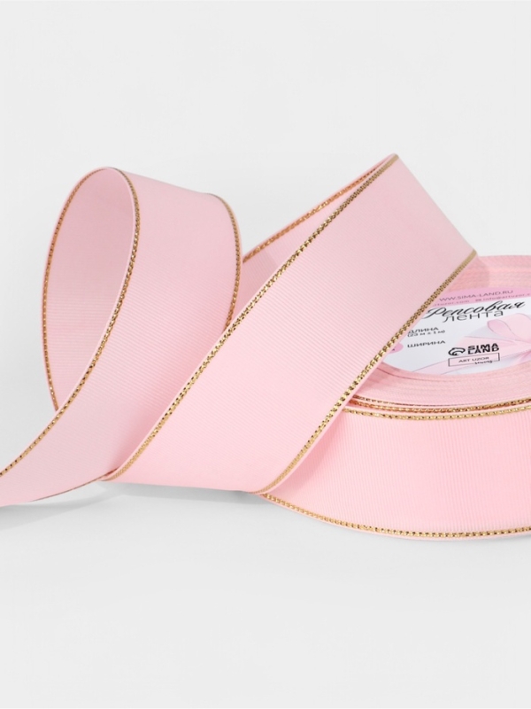 Лента репсовая 40мм*25&plusmn;1ярд(23м&plusmn;1м) золотые нити №004 светло-розовый АУ