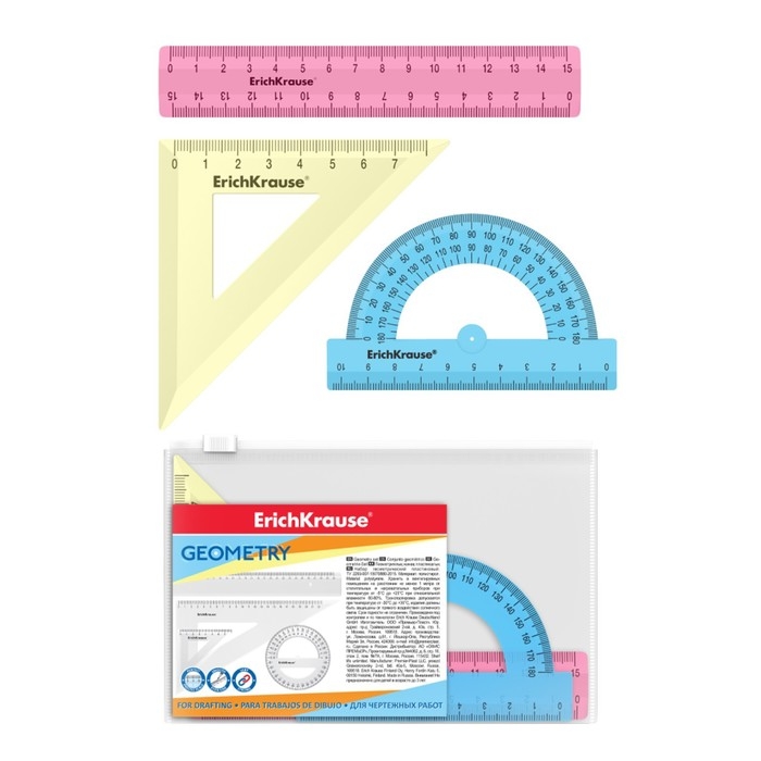 Набор геометрический ErichKrause Pastel, пластиковый, малый (линейка, угольник, транспортир), микс из 3 цветов, в zip-пакете