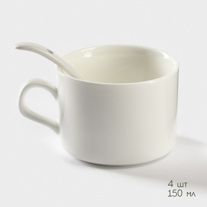 Набор кружек керамический на подставке из бамбука BellaTenero, 9 предметов: 4 кружки 150 мл, 4 ложки, подставка, цвет белый