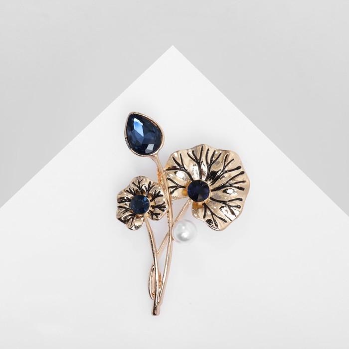Брошь &laquo;Цветы&raquo; жемчужная роса, цвет бело-синий в золоте