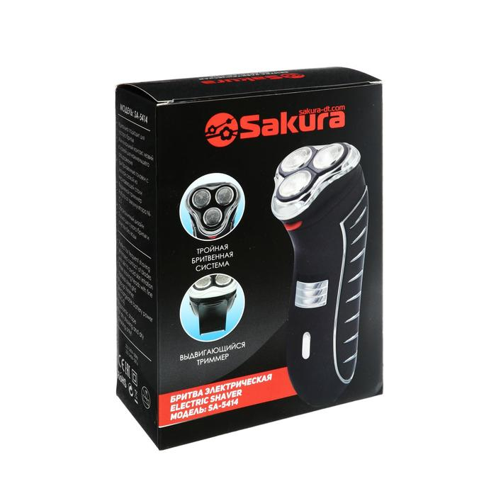 Электробритва Sakura SA-5414RB, 3 Вт, сеточная, 3 плавающие головки, триммер, АКБ, красная