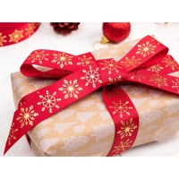 Лента репсовая с тиснением &laquo;Снежинки&raquo;, 25 мм, 23 &plusmn; 1 м, цвет красный/золотой №1133