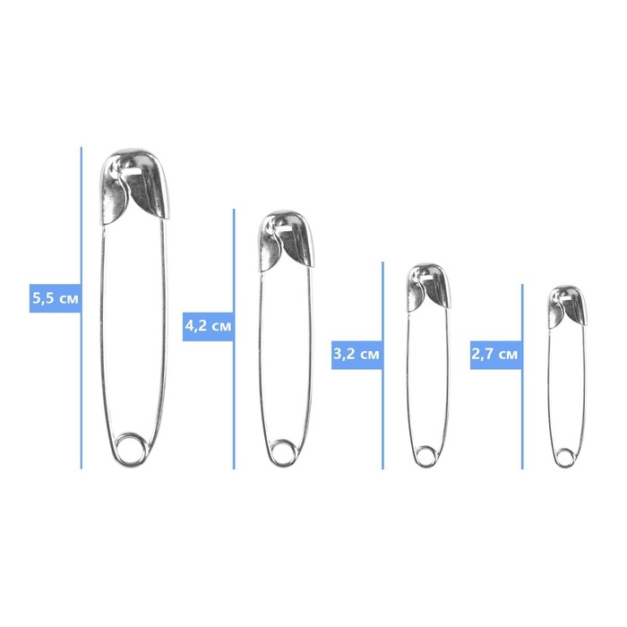 Набор булавок английских, 27 / 32 / 42 / 55 мм, 60 &plusmn; 5 шт, цвет серебряный