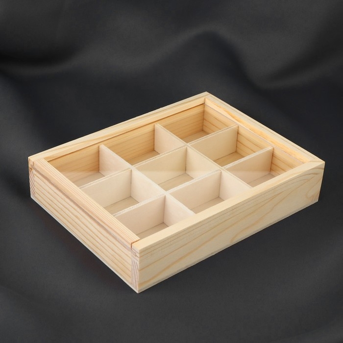 Органайзер для рукоделия, деревянный, с акриловой крышкой, 9 отделений, 17 &times; 13 &times; 3,5 см
