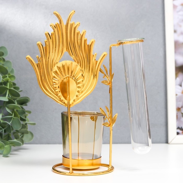 Подсвечник металл, стекло на 1 свечу с вазой "Золотое перо павлина" d-5 см, 7,5х12х17,5 см