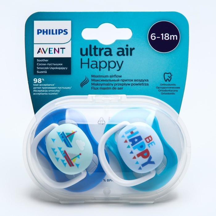 Соска - пустышка ultra air Lime, &laquo;Be happy / Кораблик&raquo;, 6-18 мес., 2 шт., цвет голубой, синий