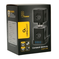 Сетевой фильтр Cablexpert Tower TWR-9-U4-B-2, 9р, 16А, 4хUSB, 3.1А, 2м, ур.защиты 4+, черный