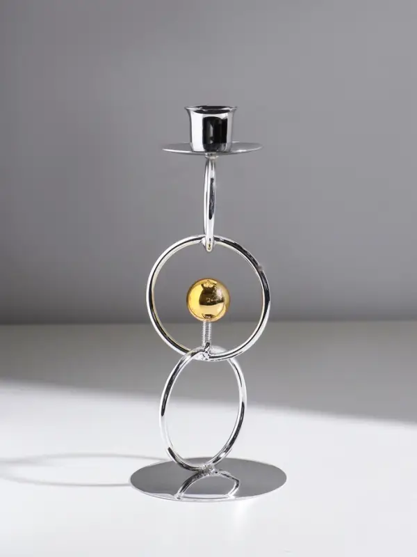 Подсвечник металл на 1 свечу "Кольца и шарики" серебро с золотом d=2,5 см 9х9х22 см