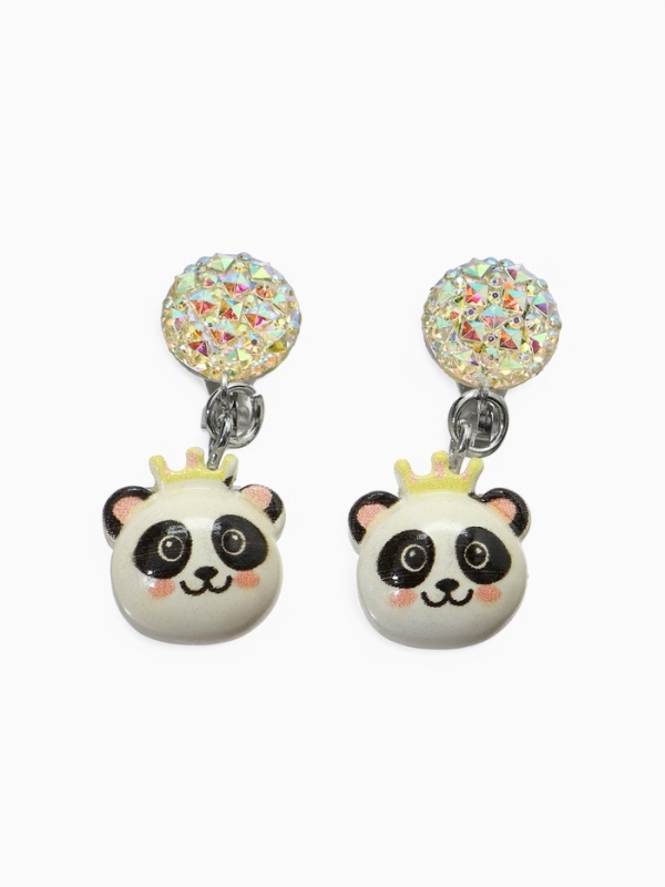 Серьги-клипсы детские "Выбражулька" панда с короной с кругом кристалл, цветные