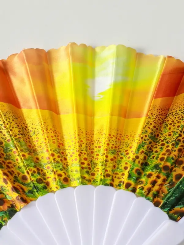 Веер пластик, текстиль "Подсолнухи" МИКС широкие лопасти 23 см