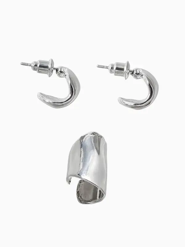Набор серьги и каффа 3 шт. "Минимализм" тренд, цвет серебро