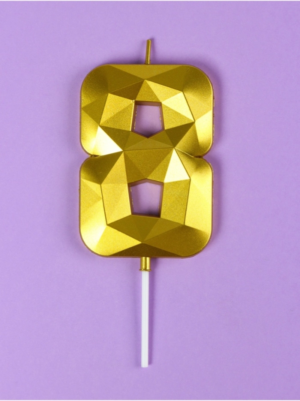 Свеча ГИГАНТ в торт на шпажке &laquo;Грань&raquo;, цифра "8", золотая, 9 см