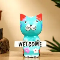 Сувенир "Кот с табличкой WELCOME" дерево 8х5х10 см, цв. бирюзовый