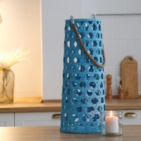 Подсвечник дерево "Фонарик. Звёздное плетение" голубой 51х16х16 см