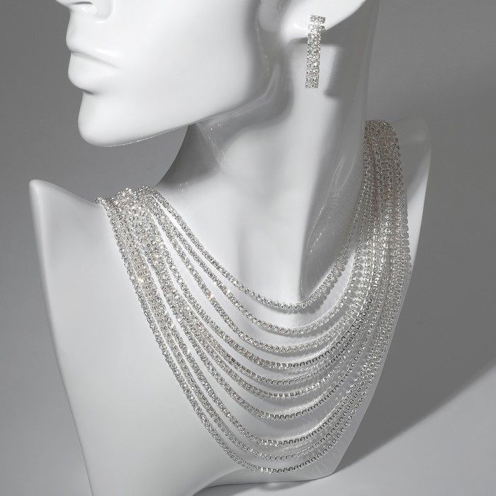 Набор 2 предмета: серьги, колье 12 рядов &laquo;Водопады&raquo;, цвет белый в серебре, 52 см