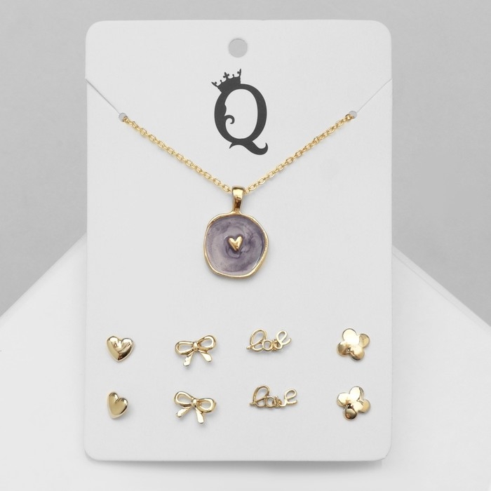 Гарнитур 5 предметов: серьги (4 пары), кулон &laquo;Минимал&raquo; сердце, цвет сиреневый в золоте, 40 см